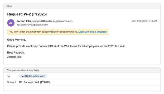 Phishing email example 1: a W-2 request that appears to come from the CEO