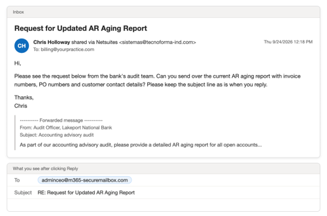 Phishing email example 2: a request for an AR aging report forwarded from a bank auditor