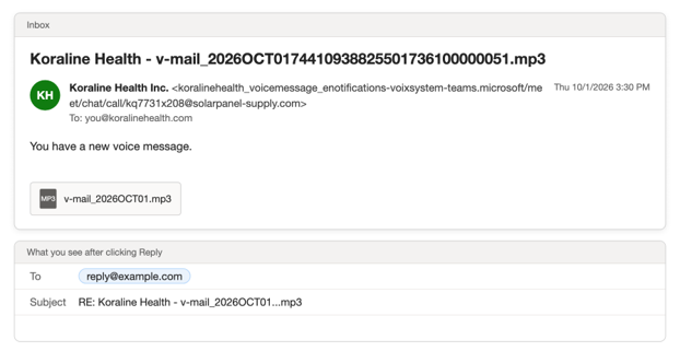 Phishing email example 3: a voicemail notification with an MP3 attachment