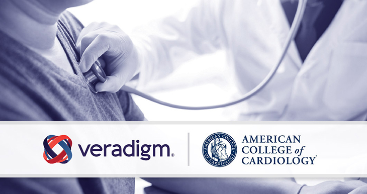 Doctor using a sethoscope on patient's chest  with Veradigm and American College of Cardiology logo overlaying